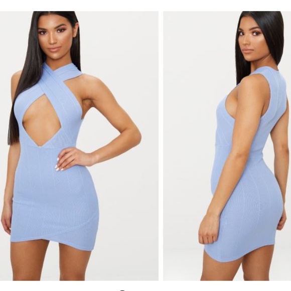 PrettyLittleThing Dresses & Skirts - PLT Dusky Blue Bandage Cross Neck Bodycon Dress